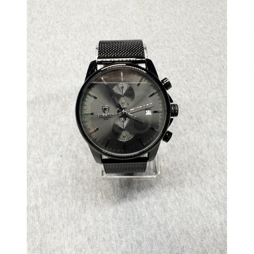 NIB Cheetah CH-1604 Mens Sport Black Mesh Stainless Steel Chronograph Watch 42mm